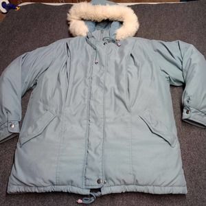 Bromley Sport Real Down Puffer Jacket‎ Coat Women Large Blue Hooded Faux Fur